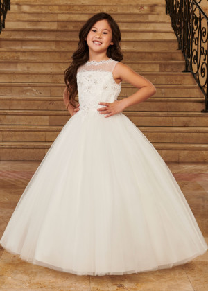 Beaded Ivory Lace Tulle Keyhole Back Stunning Flower Girl Dress